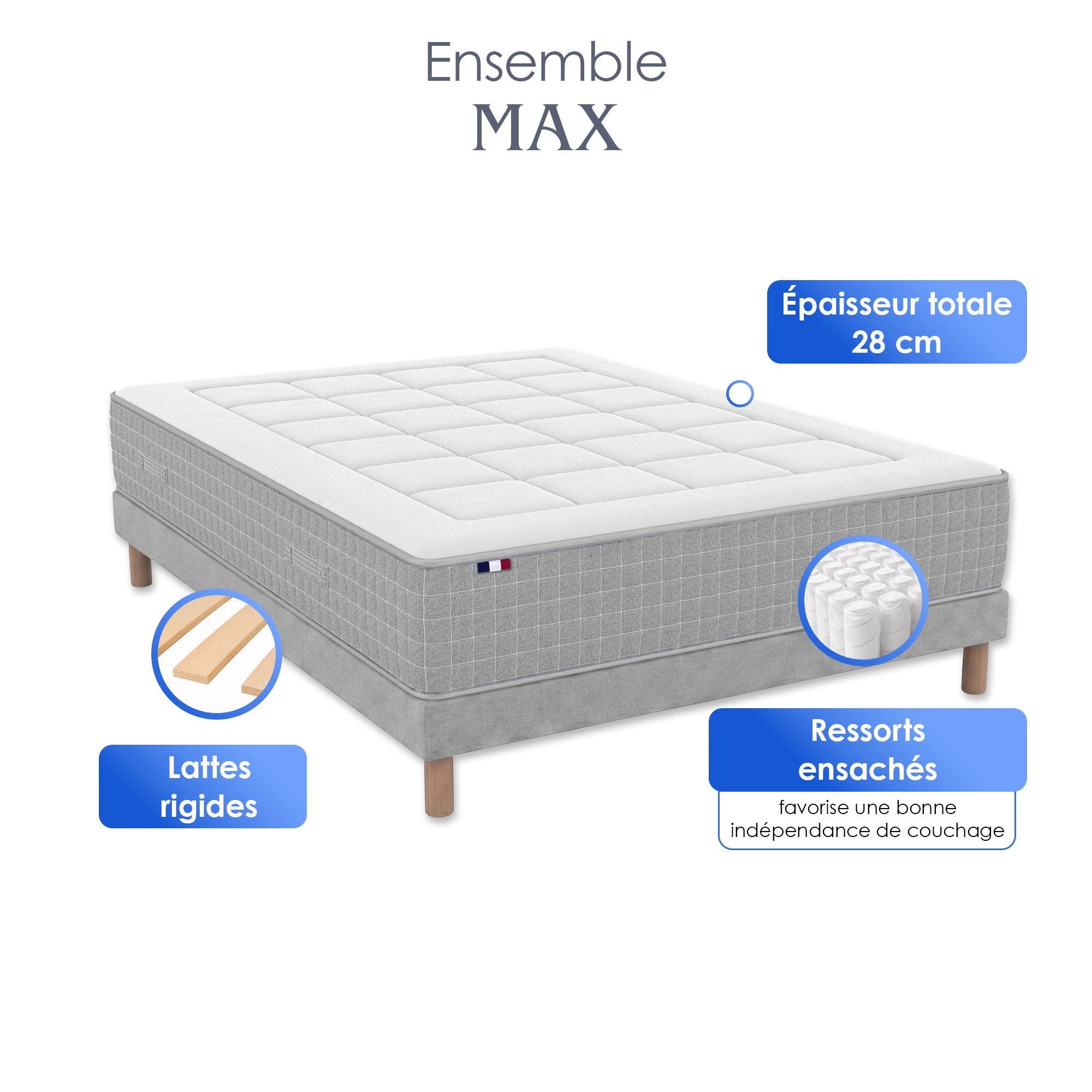 Ensemble MAX avec matelas ressorts 7 zones et sommier tapissier gris